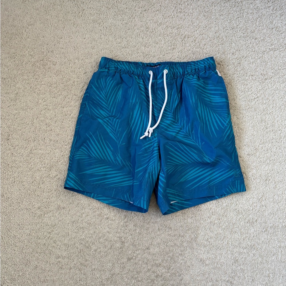 Original Penguin Teal Palm-Print Swim Trunks with White Drawstring